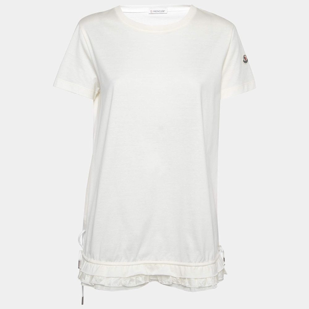 Moncler Off White Cotton Drawstring Detail Short Sleeve T-Shirt Sz L Blokecore